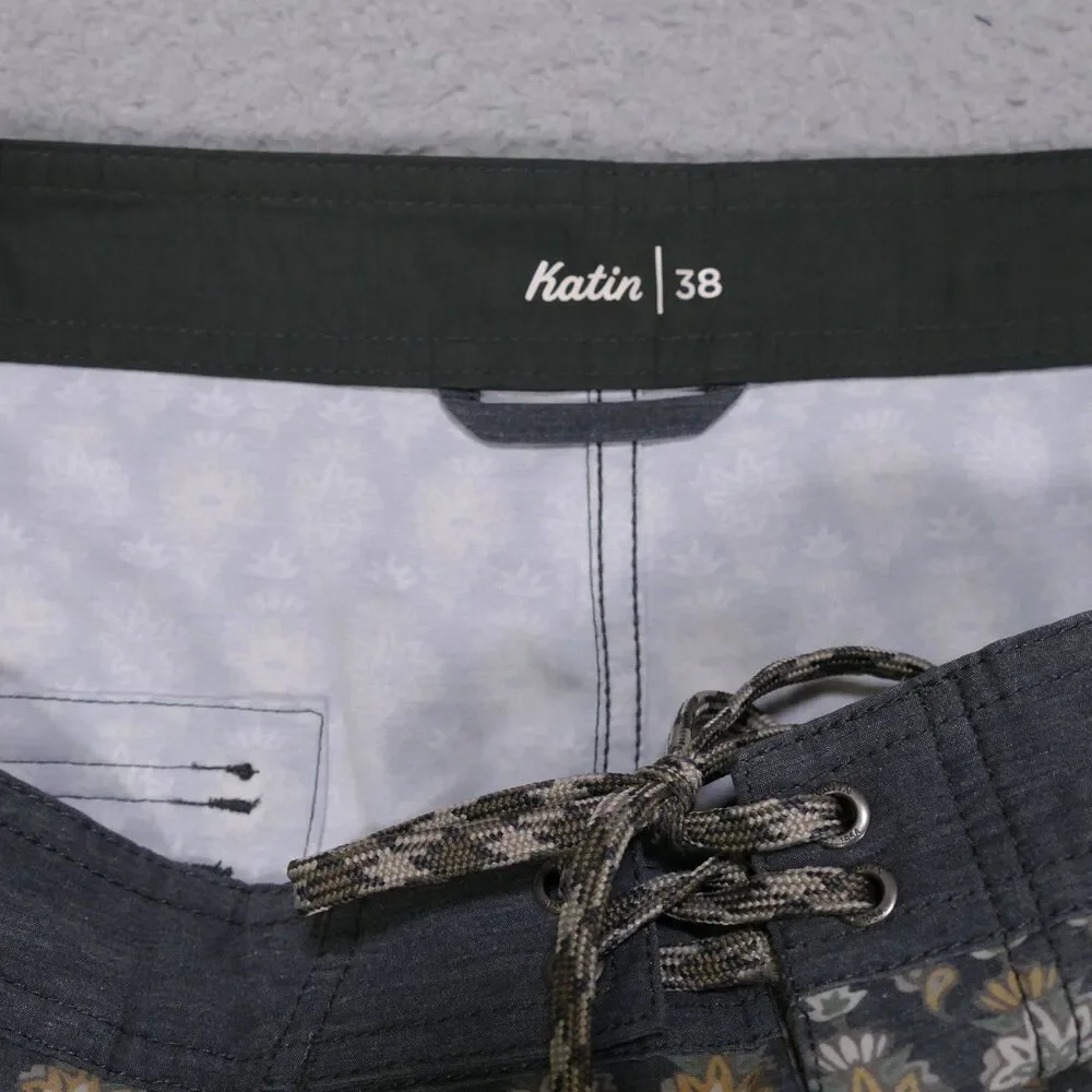 Katin Mens Board Shorts 38 Gray Floral Swim Trunks Drawstring